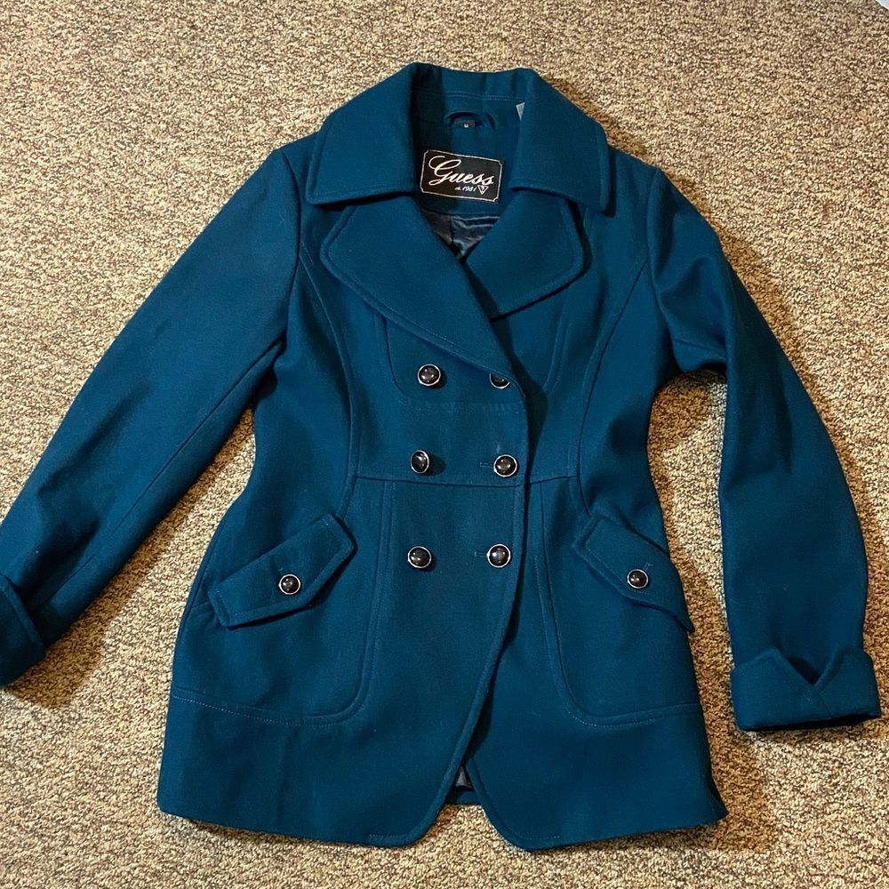 Guess Women's Teal Double-Breasted Green Coat 60% Wool Size M